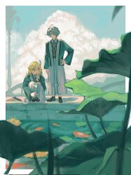  2boys :o aged_down ahoge akademiya_uniform alhaitham_(genshin_impact) artist_name black_footwear blonde_hair blue_sky book border closed_mouth clouds commentary corrupted_twitter_file cumulonimbus_cloud day expressionless feather_hair_ornament feathers fish gem genshin_impact green_eyes green_gemstone green_jacket grey_hair hair_between_eyes hair_ornament hair_over_one_eye hand_on_own_hip highres jacket kaveh_(genshin_impact) koi lily_pad long_hair long_sleeves looking_at_viewer lotus_leaf male_focus multiple_boys one_eye_covered open_book open_clothes open_jacket open_mouth outdoors outside_border pants parted_bangs red_eyes shirt shoes short_hair sidelocks sky squatting standing swept_bangs symbol-only_commentary tonraeki twitter_username water watermark white_border white_pants white_shirt 