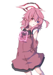  1girl :o arms_behind_back black_halo blue_archive blue_eyes blush breasts broken_halo commentary_request detached_sleeves dress hair_between_eyes halo heterochromia highres hooded_dress hoshino_(blue_archive) hoshino_terror_(blue_archive) long_hair looking_at_viewer medium_hair messy_hair orange_eyes pink_dress pink_hair pink_halo red_eyes small_breasts solo standing tenoo 