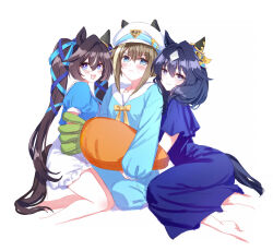  3girls alternate_costume alternate_hairstyle animal_ears blue_hair blush breasts brown_hair cheval_grand_(umamusume) closed_mouth dark_blue_hair hair_between_eyes hair_ornament horse_ears horse_girl horse_tail hug looking_at_viewer medium_breasts medium_hair mole mole_under_eye multiple_girls pillow romi_(346_ura) siblings sisters smile sweat tail twintails umamusume v_sisters verxina_(umamusume) vivlos_(umamusume) white_background 