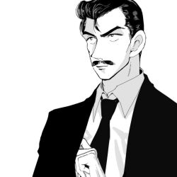  1boy closed_mouth commentary_request facial_hair greyscale hair_slicked_back light_smile male_focus meitantei_conan monochrome mouri_kogoro mustache necktie rio_raspberry short_hair simple_background smile solo suit wing_collar 