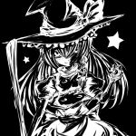  1girl black_background bow broom guuchama hat kirisame_marisa mini-hakkero monochrome ribbon smile solo star touhou witch_hat 