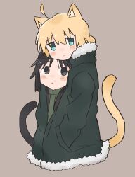  2girls absurdres ahoge animal_ears black_eyes black_hair blonde_hair blue_eyes cat_ears cat_girl cat_tail chito_(shoujo_shuumatsu_ryokou) coat green_coat highres kemonomimi_mode long_hair long_sleeves looking_at_viewer low_twintails multiple_girls shoujo_shuumatsu_ryokou tail twintails yoyohachi yuri yuuri_(shoujo_shuumatsu_ryokou) 