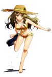  1girl absurdres artist_request bare_shoulders barefoot bikini breasts brown_hair cleavage denim denim_shorts flower hair_ornament hairclip hat highres jewelry leg_lift long_hair navel necklace open_fly open_mouth pants_around_one_leg pendant scan shinomiya_himawari short_shorts shorts simple_background solo straw_hat sun_hat sunflower swimsuit unzipped vividred_operation white_background yellow_bikini yellow_eyes 