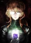  1girl artist_name brown_hair cellphone expressionless giba_(out-low) glasses gloves highres kiryuu_moeka long_hair looking_at_viewer opaque_glasses phone solo steins;gate 