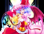  2girls ascot baretto bat_wings blonde_hair blue_hair blush crystal dress fangs flandre_scarlet frills hat hat_ribbon hug multiple_girls open_mouth puffy_sleeves red_eyes remilia_scarlet ribbon short_hair siblings side_ponytail sisters skirt stained_glass tears touhou wings 