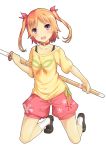  1girl blush choker codec007 highres open_mouth orange_hair shinai short_hair shorts simple_background smile solo sword violet_eyes weapon white_background 