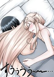  1boy 1girl admiral_(kancolle) black_hair closed_eyes grey_tank_top hair_flaps hair_over_face highres kantai_collection long_hair pillow rikkii_(likito_yuzu_is) short_hair sleeping sleepwear tank_top upper_body white_tank_top yuudachi_(kancolle) yuudachi_kai_ni_(kancolle) 