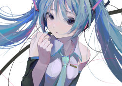  1girl absurdres aqua_hair aqua_nails bare_shoulders black_eyes black_sleeves collared_shirt commentary detached_sleeves dutch_angle green_necktie grey_shirt hatsune_miku headphones highres hukaya39 long_hair long_sleeves looking_at_viewer loose_necktie microphone necktie parted_lips shirt sleeveless sleeveless_shirt solo symbol-only_commentary twintails vocaloid white_background wide_sleeves wire 