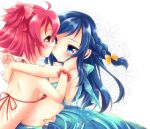  2girls aida_mana arm_around_neck arm_around_waist bikini blue_hair blush bracelet braid couple dokidoki!_precure eye_contact face-to-face floral_background half_updo hishikawa_rikka hug jewelry long_hair looking_at_another multiple_girls pink_eyes pink_hair precure shiho_(acoram) short_hair smile swimsuit undressing yuri 