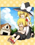  2girls animal_hug apron black_dress blonde_hair blue_sky bow braid cat closed_eyes clouds dress forest gimicalmas hair_ribbon hands_on_head hat hat_bow house interlocked_fingers kirisame_marisa kneeling long_hair multiple_girls nature open_mouth puffy_sleeves red_shoes ribbon rumia shoes short_sleeves single_braid sitting sky smile touhou waist_apron witch_hat yellow_eyes 