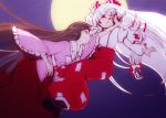 2girls battle black_hair blood blood_on_face boots bow chi_(marooner2) fujiwara_no_mokou hair_bow hair_ribbon houraisan_kaguya long_hair moon multiple_girls pants ribbon scratch silver_hair skirt smile suspenders touhou very_long_hair