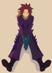  1boy black_footwear boots character_request closed_mouth commentary_request full_body gloves highres interlocked_fingers ittumozzz jumpsuit looking_to_the_side male_focus own_hands_together pokemon pokemon_colosseum purple_jumpsuit redhead scarf shoe_soles short_hair sitting solo yellow_eyes yellow_scarf 