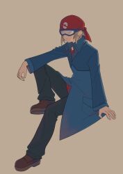  1boy bandana bandana_guy_(pokemon) black_pants blue_coat brown_footwear closed_mouth coat commentary_request full_body highres invisible_chair ittumozzz long_sleeves male_focus pants pokemon pokemon_colosseum red_bandana red_shirt shirt shoes short_hair simple_background sitting solo 