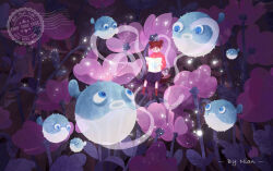  1girl artist_name bird black_eyes blue_skirt boots brown_footwear brown_hair chinese_clothes chinese_commentary collared_shirt commentary_request dark disembodied_hand double_bun expressionless field fish flower flower_field flying_fish full_body glowing hair_bun highres holding holding_map leaf long_sleeves map medium_skirt messy_hair nian_(user49211h4savx) night on_flower on_suitcase original outdoors penguin pleated_skirt puffer_fish purple_flower reading red_shirt shirt short_hair sitting skirt solo stamp_mark suitcase triangle_nose undersized_animal wide_sleeves 