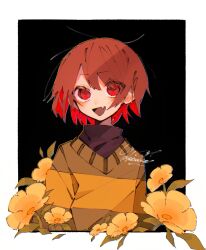  1other :d arms_at_sides black_background bob_cut border brown_hair chara_(undertale) colored_inner_hair eyes_visible_through_hair fang flower green_sweater hair_between_eyes highres leaf long_sleeves looking_at_viewer multicolored_hair open_mouth orange_sweater other_focus red_eyes redhead shirt short_hair simple_background skin_fang smile solo striped_clothes striped_sweater sweater takenaka_(takenaka1111) tongue two-tone_hair two-tone_sweater undertale upper_body white_border yellow_flower 