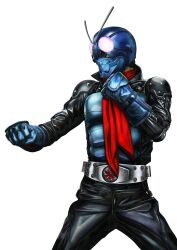  1boy antennae armor belt black_bodysuit bodysuit bug clenched_hands compound_eyes fighting_stance gloves glowing glowing_eyes grasshopper helmet highres horns kamen_rider kamen_rider_1 kamen_rider_the_first looking_at_viewer male_focus mask masukudo_(hamamoto_hikaru) red_eyes red_scarf rider_belt scarf solo standing tokusatsu 