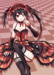  1girl asle bare_shoulders black_hair breasts checkered checkered_background checkered_floor clock_eyed date_a_live dress garter_straps hairband heterochromia lolita_fashion lolita_hairband long_hair looking_at_viewer red_eyes ribbon sitting smile solo thighhighs tokisaki_kurumi twintails yellow_eyes 
