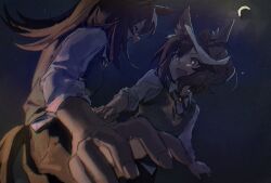  2girls aged_down animal_ears brown_hair collared_shirt crescent_moon cross_tie foreshortening green_vest highres horse horse_ears horse_girl horse_tail long_hair looking_at_another moon multicolored_hair multiple_girls night open_mouth outdoors pants pipi_(pierce_cn) shirt short_hair sirius_symboli_(umamusume) sleeves_rolled_up smile streaked_hair symboli_rudolf_(umamusume) tail tail_through_clothes umamusume upper_body vest violet_eyes white_shirt 