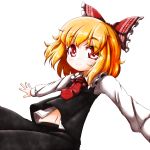  1girl absurdres ascot blonde_hair bow hair_bow highres long_sleeves marker_(medium) midriff navel outstretched_arms red_eyes roco_(katsuya1011) rumia shirt simple_background skirt smile solo touhou traditional_media vest white_background 