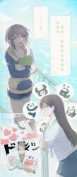 2girls @_@ absurdres against_railing animal_ear_hairband animal_ears artist_name bang_dream! bang_dream!_it's_mygo!!!!! black_shirt blue_hoodie blue_shorts blue_skirt blush bouquet breasts brh brown_eyes brown_hair chinese_commentary chinese_text closed_mouth collarbone commentary_request earrings fake_animal_ears falling_petals grey_hair hairband heart highres holding holding_bouquet holding_notebook hood hood_down hoodie jacket jewelry long_hair medium_breasts mole mole_under_eye mouth_hold multiple_girls notebook ocean open_mouth panda panda_ears petals railing shiina_taki shirt short_hair shorts single_earring skirt sparkle sweatdrop takamatsu_tomori translation_request two-tone_hoodie violet_eyes white_jacket yellow_hoodie 