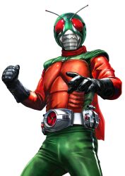  1boy antennae armor belt black_gloves bug compound_eyes contrapposto gloves grasshopper highres horns kamen_rider male_focus mask masukudo_(hamamoto_hikaru) new_kamen_rider red_eyes red_scarf rider_belt scarf simple_background skyrider solo standing tokusatsu white_background 