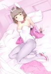  1girl animal_ears arm_support bare_shoulders bed blush bowtie breasts brown_hair bunny_girl bunny_tail bunnysuit character_request cleavage female grey_legwear high_heels looking_at_viewer mahaya pantyhose rabbit_ears red_eyes short_hair solo tail track_jacket track_pants 