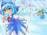  /\/\/\ 2girls ascot blue_dress blue_eyes blue_hair blue_sky blush cirno clouds daiyousei dress fairy_wings flying green_hair hair_ribbon ice ice_wings melting multiple_girls popsicle puffy_sleeves ribbon shaded_face shinapuu shirt short_sleeves side_ponytail sky surprised sweat touhou wings 
