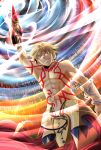  1boy blonde_hair chain ea_(fate/stay_night) earrings fate/hollow_ataraxia fate_(series) gilgamesh jewelry necklace red_eyes shirtless solo tattoo velvelumpileuspil weapon 