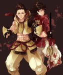  2boys brown_eyes brown_hair foreshortening headband kerogi_haku midriff multiple_boys polearm red_eyes sanada_yukimura_(sengoku_basara) sengoku_basara tokugawa_ieyasu_(sengoku_basara) vest weapon yari 