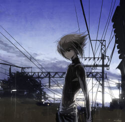  1boy black_pants black_shirt blue_sky brown_eyes brown_hair building cable clouds cloudy_sky evening facing_to_the_side lamppost looking_to_the_side moribuden outdoors pants shirt sky tree truss utility_pole yu-gi-oh! yu-gi-oh!_gx yuki_judai 