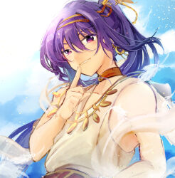  1boy ancient_greek_clothes armpit_crease bare_arms belt blue_sky chiton collarbone earrings ensemble_stars! falling_feathers feathers finger_to_mouth floating_hair from_below gold_choker gold_earrings gold_hairband gold_necklace gold_ribbon greco-roman_clothes hair_intakes hair_ribbon hairband hand_on_own_hip hand_up himation jewelry kanzaki_souma light_particles long_hair looking_at_viewer male_focus necklace official_alternate_costume parted_lips ponytail purple_hair ribbon saritone shushing sky solo upper_body v-shaped_eyebrows very_long_hair violet_eyes 