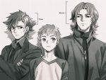  3boys emiya_kiritsugu emiya_shirou fate/stay_night fate_(series) height_difference kotomine_kirei monochrome multiple_boys tam_(cuq) 