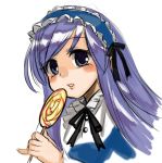  1girl blush candy lollipop long_hair nada_haruka purple_hair simple_background solo violet_eyes white_background 