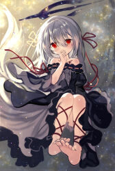  1girl absurdres bare_shoulders barefoot black_dress borrowed_character commission covering_own_mouth dress floating frilled_dress frills fuepo full_body grey_hair hair_ribbon halo hand_up highres long_hair looking_at_viewer off-shoulder_dress off_shoulder original red_eyes red_ribbon ribbon sidelocks skeb_commission soles solo tareme toes universe 