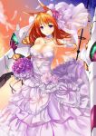 1girl animal_ears bouquet breasts bridal_veil choker cleavage dress elbow_gloves fatkewell flower fox_ears fox_tail gloves hair_flower hair_ornament jewelry long_hair looking_at_viewer necklace orange_hair original smile solo tail veil violet_eyes wedding_dress white_gloves 