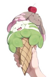  1other :3 :i absurdres cherry closed_eyes closed_mouth creature_focus digimon digimon_(creature) food fruit highres holding holding_food holding_ice_cream ice_cream lopmon on_head open_mouth out_of_frame pov saliva simple_background terriermon white_background youzai121 youzaiyouzai112 