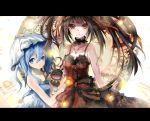  2girls alternate_color bare_shoulders black_hair blue_eyes blue_hair bow breasts cleavage clock_eyed date_a_live dress eyepatch gears hairband hand_puppet hat heterochromia highres letterboxed lolita_fashion lolita_hairband long_hair looking_at_viewer multiple_girls open_mouth puppet red_eyes ribbon roman_numerals stuffed_animal stuffed_bunny stuffed_toy tokisaki_kurumi twintails yellow_eyes yoshino_(date_a_live) zzzzxxx2010nian 