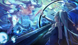  1girl aqua_eyes aqua_hair aquarium arua bare_shoulders blue_jacket blue_sleeves blurry blurry_foreground bubble detached_sleeves different_reflection dot_nose floating_hair full_body hatsune_miku headset highres jacket jewelry knee_up long_hair long_sleeves looking_at_another mermaid mermaid_dress monster_girl necklace pearl_necklace plant reflection scarf scenery school_of_fish shadow shark split_mouth standing starfish stingray thigh-highs twintails underwater vocaloid white_scarf white_thighhighs wide_sleeves 