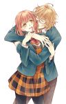  1boy 1girl blonde_hair blush closed_eyes glasses highres hug hug_from_behind male nanami_haruka pink_hair saki_(sense4) shinomiya_natsuki short_hair smile uta_no_prince-sama 