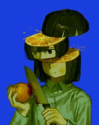  1girl black_hair blood blood_on_food blood_on_knife blue_background collared_shirt commentary food fruit highres holding holding_food holding_fruit holding_knife kitchen_knife knife long_sleeves orange_(fruit) original shirt short_hair simple_background solo whale_daisuki 