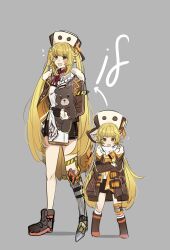  2girls aged_up arrow_(symbol) bandana black_gloves black_shorts blonde_hair blush_stickers boots brown_coat brown_eyes brown_footwear coat crossed_arms dual_persona fang full_body fur-trimmed_coat fur-trimmed_sleeves fur_trim gloves grey_background hat highres holding holding_stuffed_toy honkai:_star_rail honkai_(series) hook_(honkai:_star_rail) long_hair long_sleeves looking_at_viewer low_twintails mojaga multiple_girls notice_lines open_clothes open_coat open_mouth prosthesis prosthetic_leg purple_bandana shadow shorts simple_background smile socks standing stuffed_animal stuffed_toy sweater teddy_bear turtleneck turtleneck_sweater twintails v-shaped_eyebrows white_hat white_socks white_sweater 