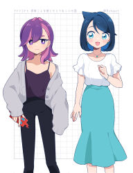  0zr8hc 2girls aged_up black_hair blue_eyes blue_hair blush closed_mouth cowlick dot_(pokemon) eyelashes hair_over_eyes highres holding jacket jewelry liko_(pokemon) long_sleeves multicolored_hair multiple_girls necklace open_clothes open_mouth pants pink_hair pokemon pokemon_(anime) pokemon_horizons purple_hair rotom rotom_phone shirt short_hair sleeves_past_wrists smile tank_top violet_eyes white_shirt 