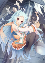  1girl black_pantyhose blue_hair detached_sleeves floating frilled_skirt frills full_body ghost highres holding holding_spoon layered_skirt light_blue_hair long_hair miyako_(princess_connect!) no_shoes open_mouth orange_scarf orange_skirt painting_(object) pantyhose parted_bangs princess_connect! red_eyes scarf shenhai_(2556146833) shirt silk skirt sleeves_past_fingers sleeves_past_wrists smile solo spider_web spoon stone_pillar stone_wall very_long_hair white_shirt white_sleeves wide_sleeves wing_ornament 