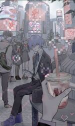  absurdres amamiya_ren bag black_jacket blue_eyes blue_hair city closed_mouth collared_shirt commentary crowd digital_media_player digital_walkman drink expressionless gekkoukan_high_school_uniform grey_eyes headphones heart highres holding holding_drink jacket long_sleeves looking_at_viewer male_focus multiple_boys muted_color open_clothes open_jacket outdoors pale_skin pants persona persona_3 persona_5 pixel_heart pov pov_hands ribbon school_bag school_uniform shibuya_(tokyo) shirt short_hair sitting skirt solo_focus standing sumino_suito symbol-only_commentary tokyo_(city) white_shirt yuuki_makoto_(persona_3) 