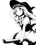 1girl blush broom broom_riding hand_on_hat hat highres kirisame_marisa long_hair monochrome piiko_(aa_doushiyou) simple_background smile solo touhou white_background witch_hat 