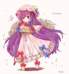  1girl artist_name book bow butterfly crescent dated dress frills hat long_hair patchouli_knowledge purple_hair solo touhou violet_eyes 