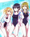  3girls black_hair blue_eyes brown_hair competition_swimsuit free! genderswap green_eyes hazuki_nagisa jacket long_hair mitsuka multiple_girls nanase_haruka_(free!) one-piece_swimsuit short_hair swimsuit tachibana_makoto twintails 