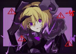  ! 1girl blonde_hair claws coat don_quixote_(project_moon) e.g.o_(project_moon) electric_screaming_(e.g.o) electricity fur_collar hairband highres horns limbus_company looking_at_viewer multicolored_hair open_mouth project_moon purple_coat purple_hair purple_hairband r2718281 sheep_horns short_hair sign smile solo streaked_hair sweat violet_eyes warning_sign wide-eyed wool 