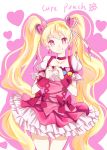  1girl blonde_hair bow buts_(pixiv1761487) character_name choker corset cure_peach earrings fresh_precure! hair_ornament heart heart_hands highres jewelry long_hair magical_girl momozono_love pink_eyes precure ribbon skirt smile solo twintails 