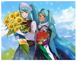  2girls absurdres aqua_eyes aqua_hair aqua_nails blue_sky border bouquet clouds cloudy_sky flower hatsune_miku highres holding holding_bouquet leaf long_hair long_sleeves looking_at_viewer multiple_girls palestine parted_lips red_flower sky smile sv02chiyo twintails twitter_username ukraine upper_body very_long_hair vocaloid white_border yellow_flower 